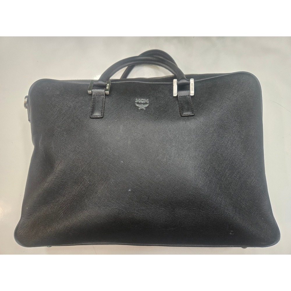 MCM Black Saffiano Leather Briefcase Laptop Bag Silver Hardware‎ Slim Business